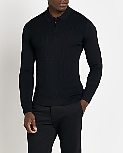 Black Muscle fit cable knit polo shirt
