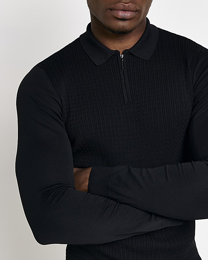 Black Muscle fit cable knit polo shirt