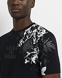 Black Muscle fit Floral Print T-shirt