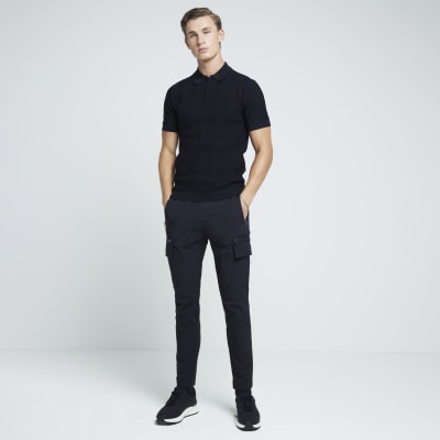 Black muscle fit herringbone polo shirt River Island