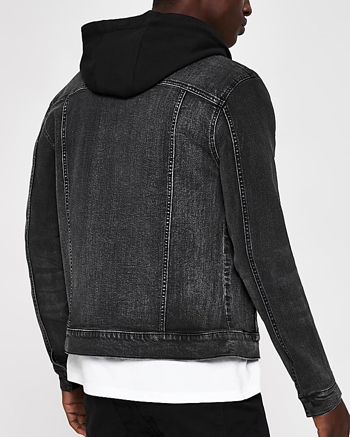 Black muscle fit hooded denim jacket
