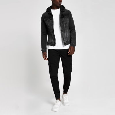 Black muscle fit hooded denim jacket | River Island