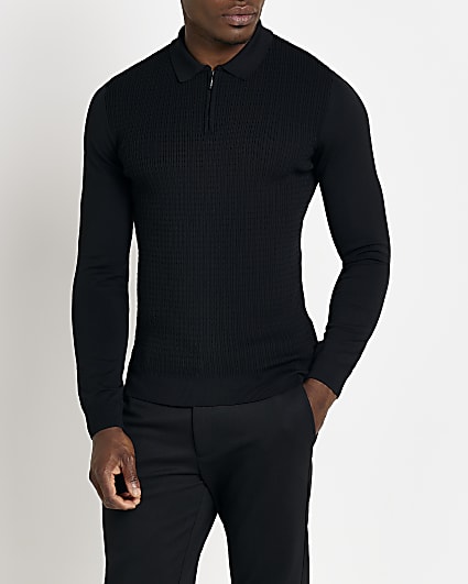 Black Muscle fit knit long sleeve polo shirt