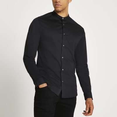 Black muscle fit long sleeve grandad shirt | River Island