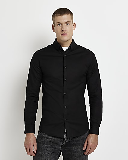 Black Muscle fit long sleeve Oxford shirt