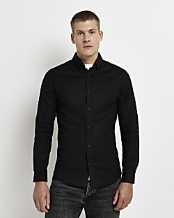 Black Muscle fit long sleeve Oxford shirt