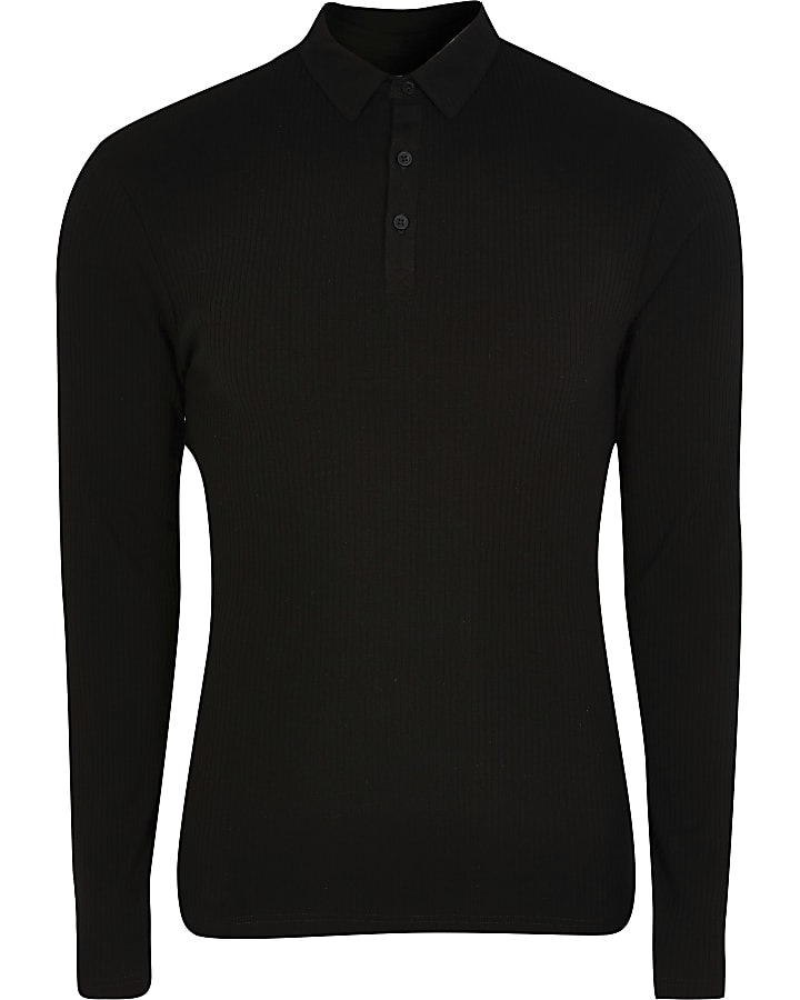 Black muscle fit long sleeve polo shirt