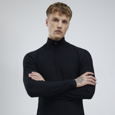 Black Muscle Fit Quarter Zip Funnel Jumper