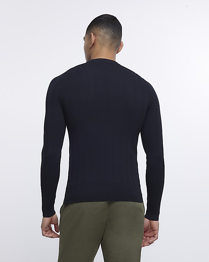 Black Muscle fit Ribbed crew neck jumper