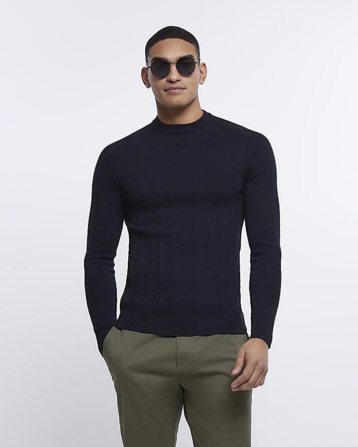 Black Muscle fit Ribbed crew neck jumper