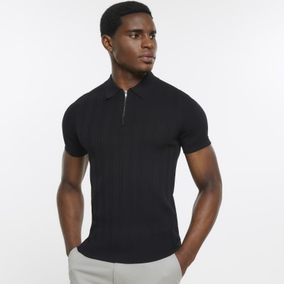 Black muscle fit ribbed polo shirt | River Island