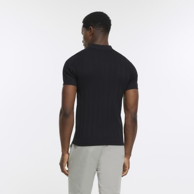 Black muscle fit ribbed polo shirt | River Island