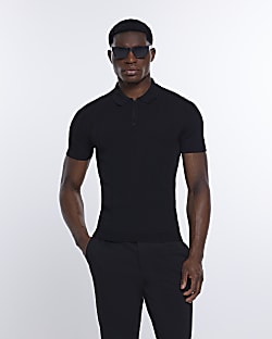 Black muscle fit ribbed zip up polo shirt