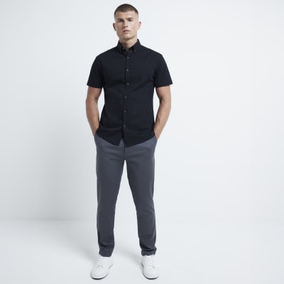 Black muscle fit stretch textured smart shirt