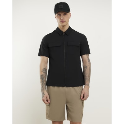 Black Muscle Fit Stretch Zip Shirt