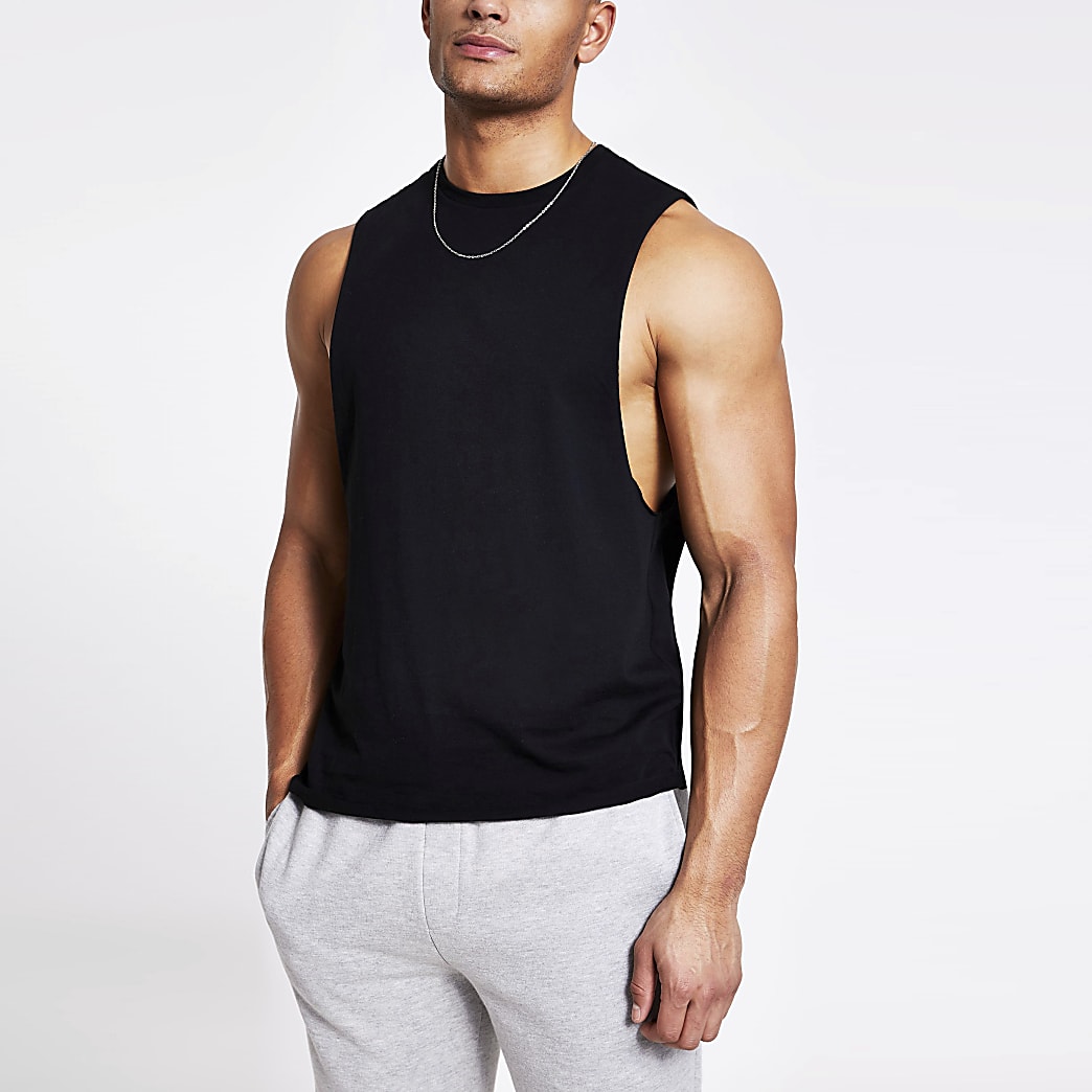 Black muscle fit tank top | River Island