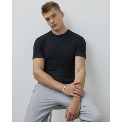Black Muscle Fit Textured Knit T-shirt