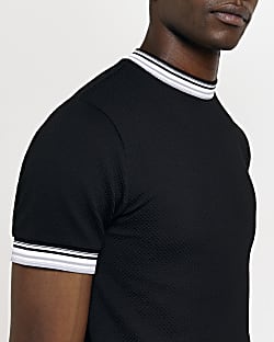 Black Muscle fit Textured Tape T-shirt