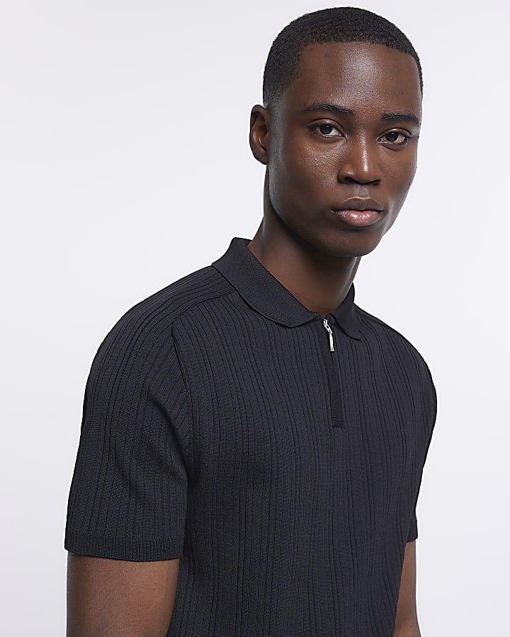 Black Muscle Fit Zip Detail Knitted Polo