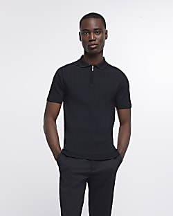 Black Muscle Fit Zip Detail Knitted Polo
