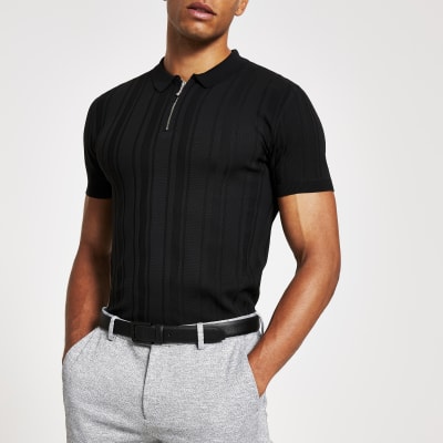 Black muscle fit zip neck knitted polo shirt | River Island