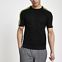Black neon tape knitted slim fit T-shirt