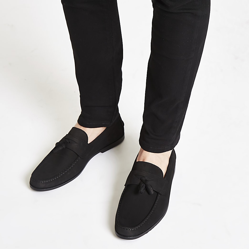 Black nubuck tassel loafers | River Island