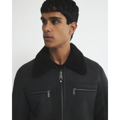 Black Nubuck Zip Shearling Western Jacket