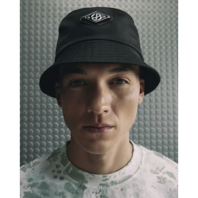 Black Nylon Badged Bucket Hat | River Island