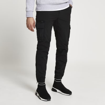 Black nylon cargo joggers | River Island