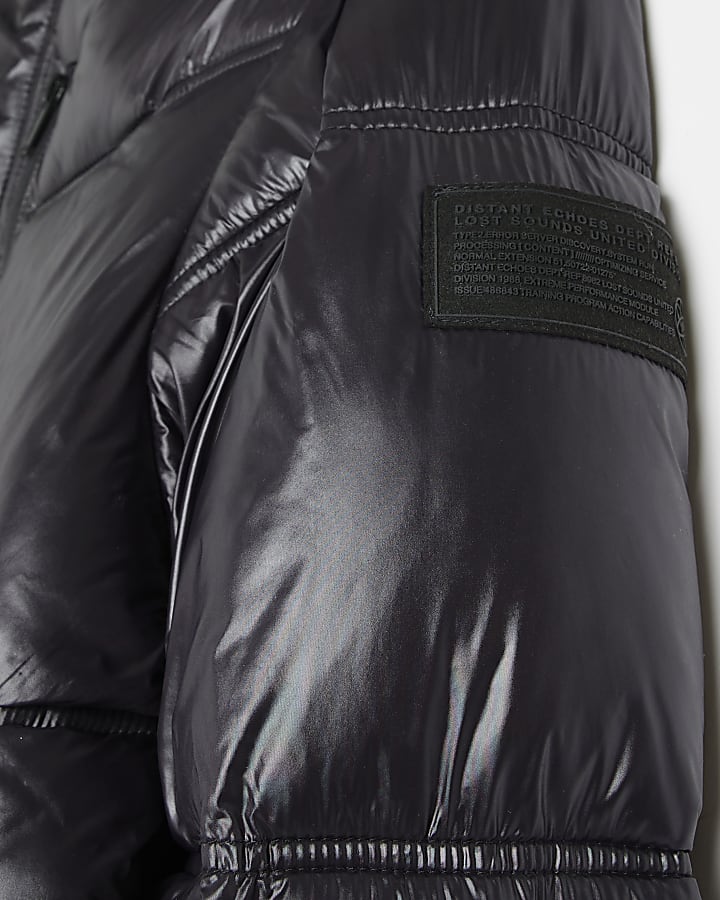 Black nylon long sleeve hooded puffer jacket