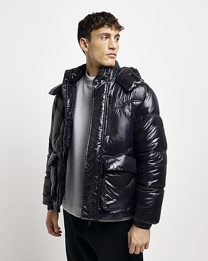 Black nylon long sleeve hooded puffer jacket