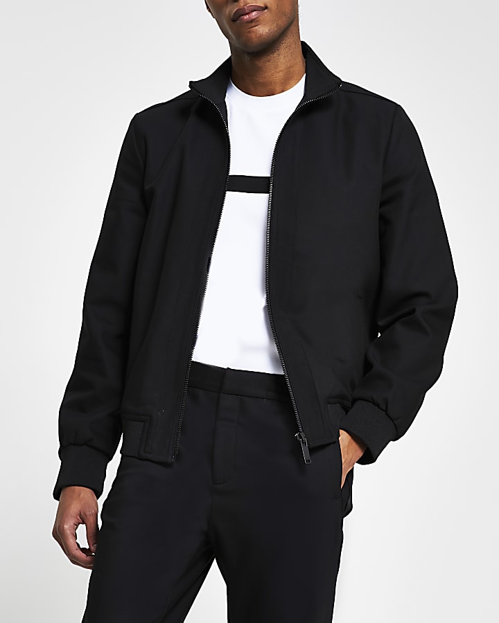 Black nylon panel funnel neck slim fit jacket