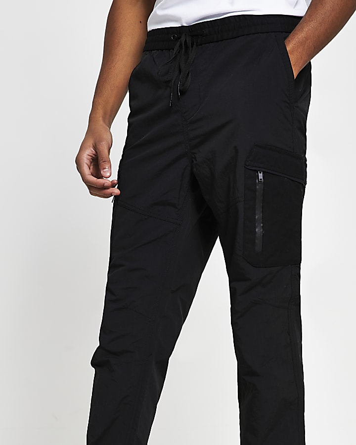 Black nylon zip detail trousers