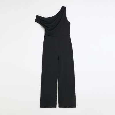 Black off shoulder drape jumpsuit River Island