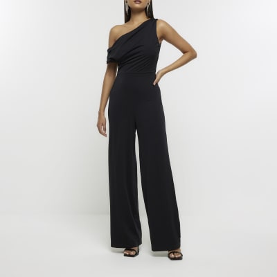 Black off shoulder drape jumpsuit | River Island