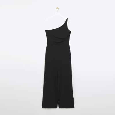 Black one shoulder asymmetric jumpsuit | River Island