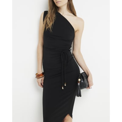 Black one shoulder belted bodycon midi dress River Island