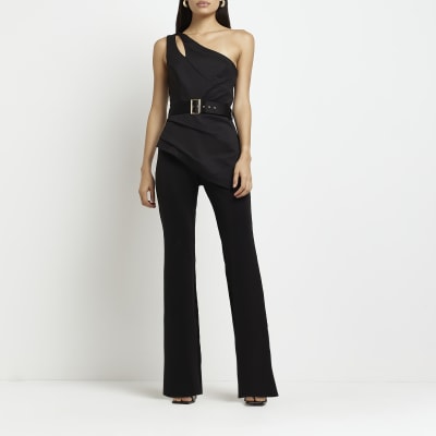 Black one shoulder belted jumpsuit River Island