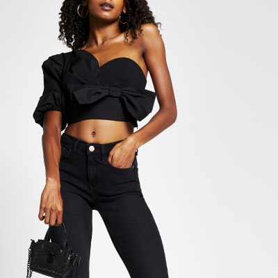 Black one shoulder bow crop top River Island