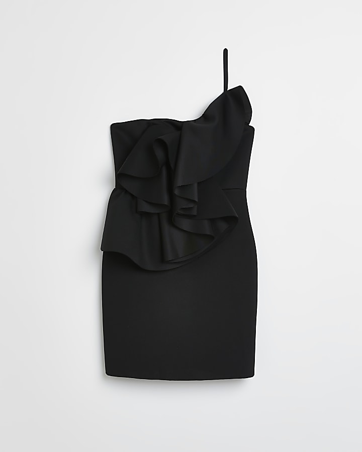 Black one shoulder frill mini dress