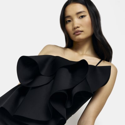 Black one shoulder frill mini dress
