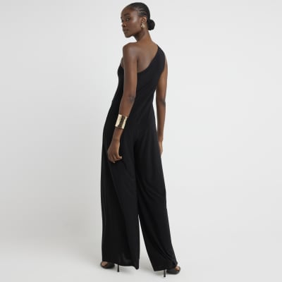 Black one shoulder hardware detail jumpsuit