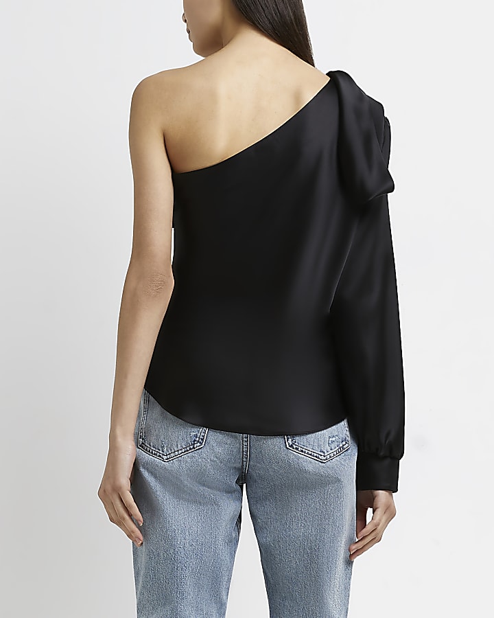 Black one shoulder satin blouse
