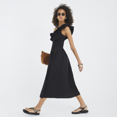 Black One Shoulder Shirred Midi Dress
