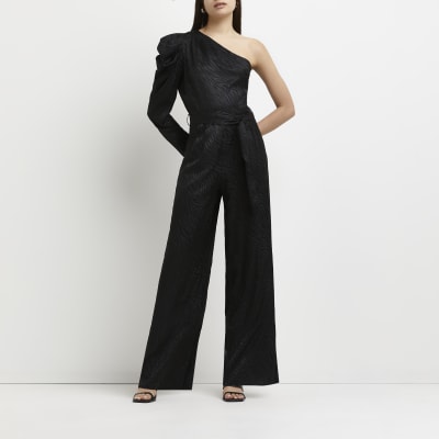 Black one shoulder wide leg jumpsuit | River Island