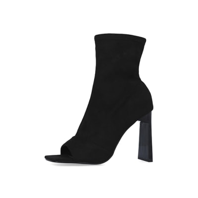 Black open toe heeled boots