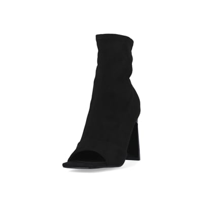 River Island knit heeled peep toe boot in black