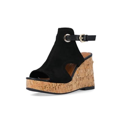 360 degree animation of product Black open toe wedge heeled sandals frame-0