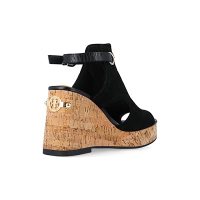 360 degree animation of product Black open toe wedge heeled sandals frame-12